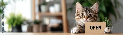 Wallpaper Mural A playful kitten resting on a table, holding an 'OPEN' sign, surrounded by greenery, capturing a cozy and welcoming atmosphere. Torontodigital.ca