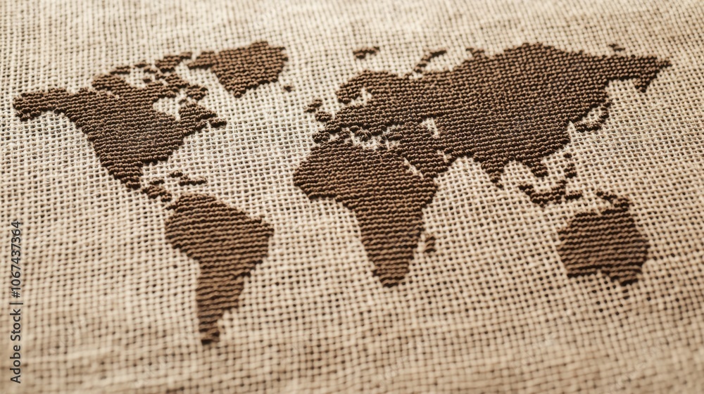 Fototapeta premium A textured fabric featuring a world map design in a brown hue, showcasing geographical outlines with a rustic, artistic feel.