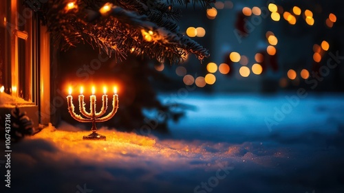 A glowing menorah stands serenely in the snow, surrounded by warm, festive lights, creating a peaceful holiday atmosphere. photo