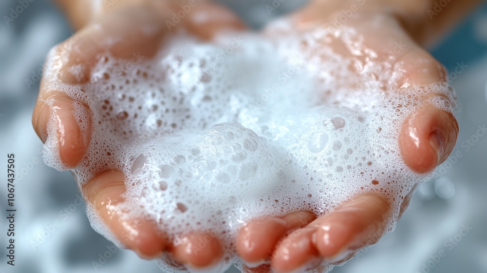 Fototapeta premium Hands Holding Creamy Cleansing Foam Skincare Bubbles Hygiene