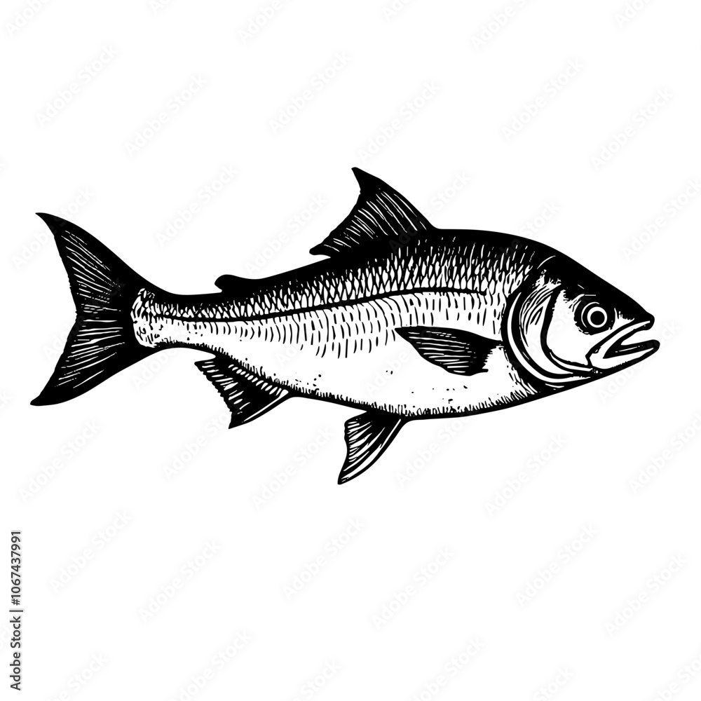 Fototapeta premium Black and white ink illustration of fish fillet