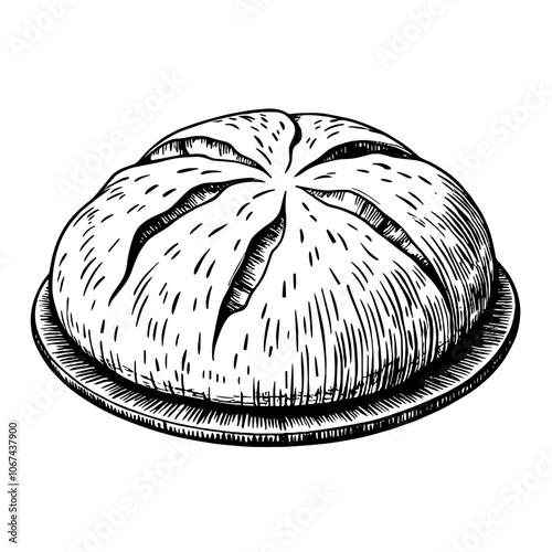 Black and white ink illustration of pita bread