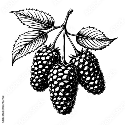 Black and white ink illustration of blackberries on stem