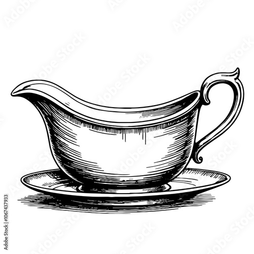 Vintage Gravy Boat Illustration in Black and White Ink