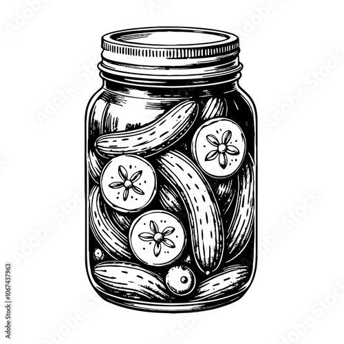 Pickled cucumbers black and white ink illustration