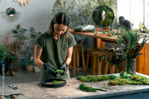 Foto in large green workshop a thin woman with green hair in black gloves at a large