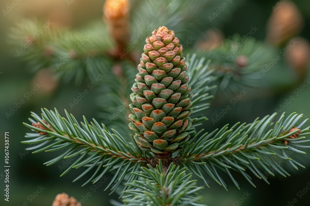 Close up view of a green pine cone surrounded by lush coniferous branches in daylight Close up view of a green pine cone surrounded by lush coniferous branches in daylight