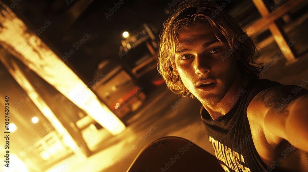 Young Man Night Portrait Golden Hour Surfboard Tattoo Outdoors