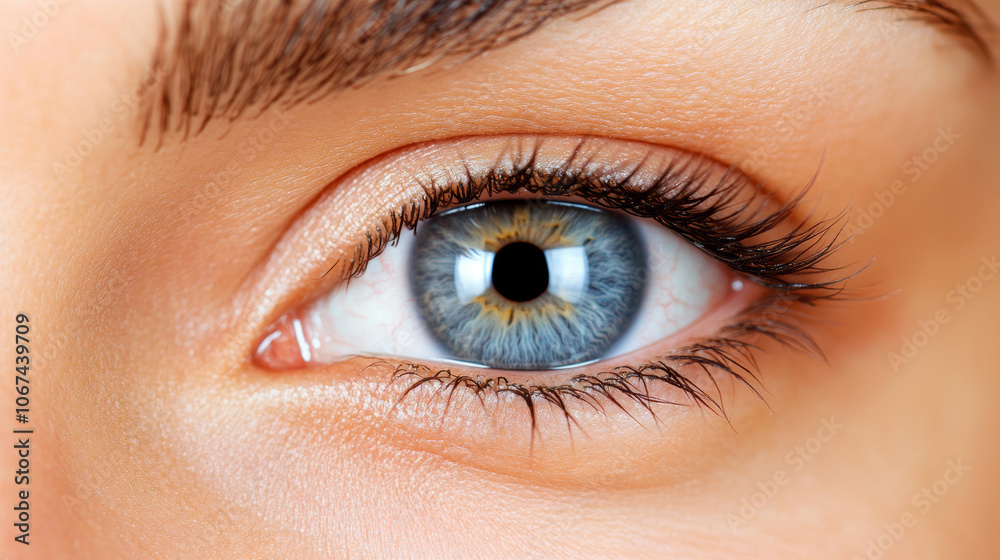 Close-up of a woman's blue eye with long eyelashes. Close-up of a woman's blue eye with long eyelashes.