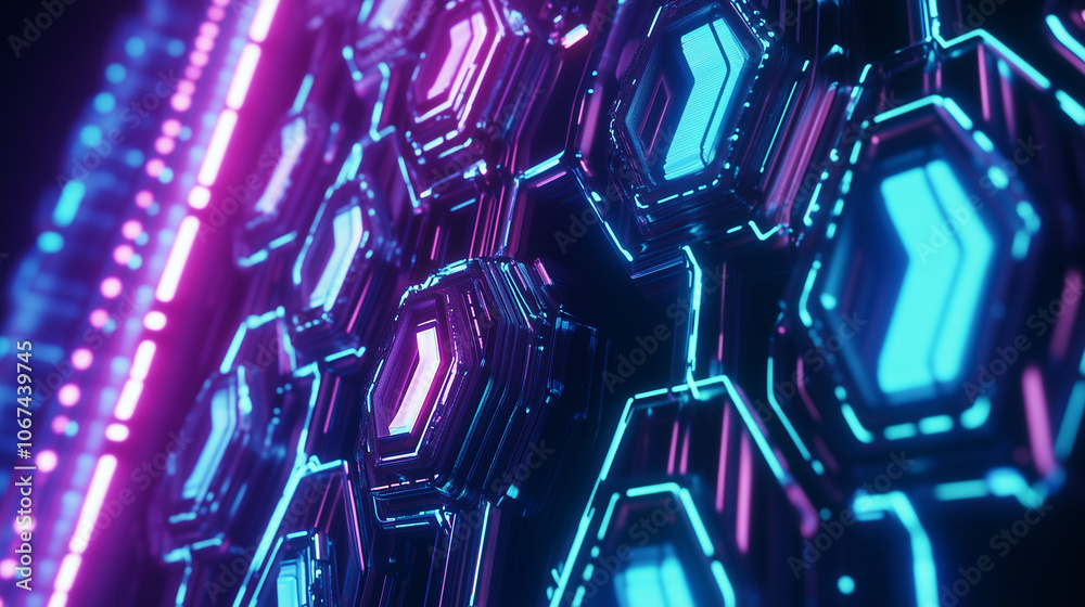 Obraz premium Illustration cybernétique futuriste de motifs de nid d'abeille avec néons lumineux et textures métalliques