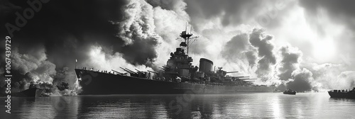 Black and white photo of a battleship on the ocean under dramatic clouds