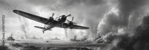 Black and white photo of military plane in flight over ocean with storm clouds