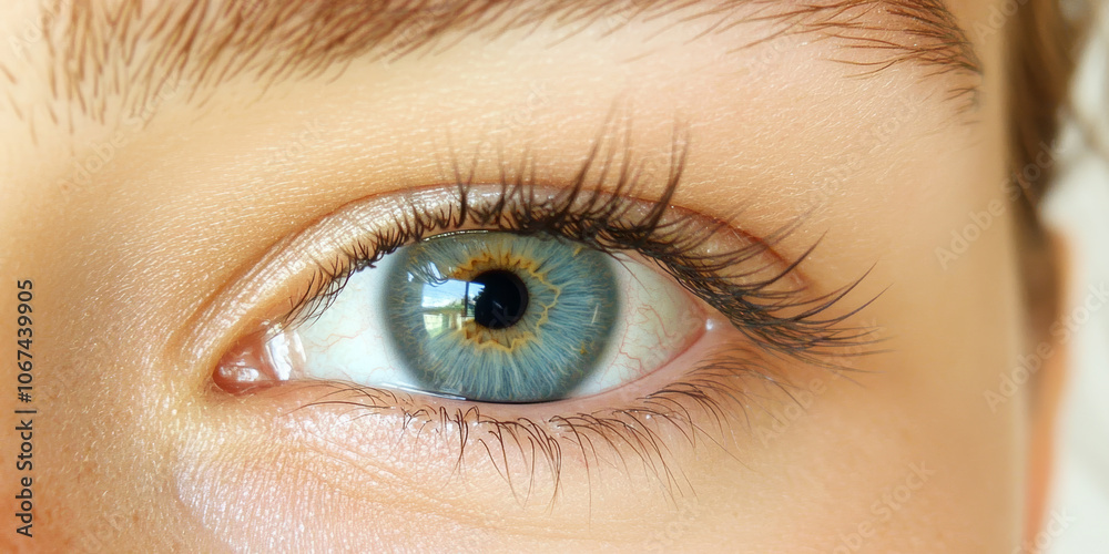 Obraz premium Close-up of a woman's blue eye with long eyelashes.