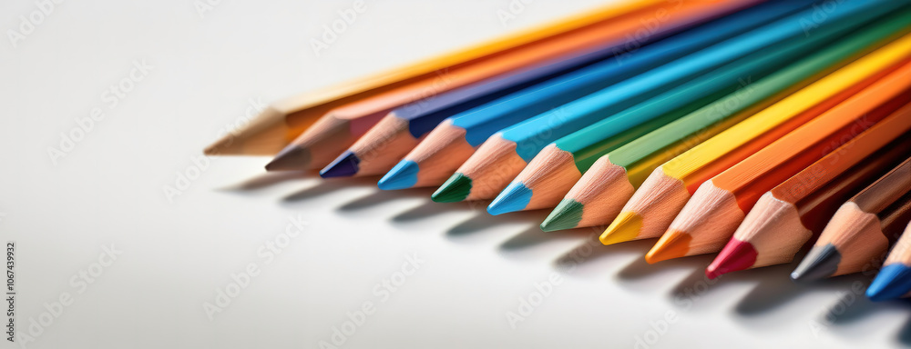 A set of colorful pencils arranged in a diagonal line on a white background.