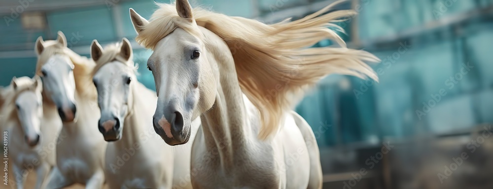 A group of white horses galloping with flowing manes, captured in motion outdoors in a blurred background.