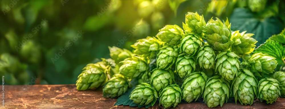 A close-up of fresh hops on a table with green leaves. Panorama with copy space.