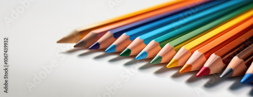 Obraz na płótnie A set of colorful pencils arranged in a diagonal line on a white background. w salonie