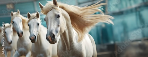 Obraz na płótnie A group of white horses galloping with flowing manes, captured in motion outdoors in a blurred background. w salonie