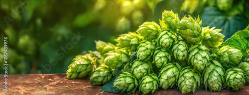 Obraz na płótnie A close-up of fresh hops on a table with green leaves. Panorama with copy space. w salonie