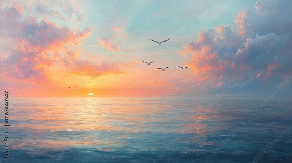 vibrant abstract representation of a peaceful summer morning sky featuring soft pastels of sunrise with a flock of birds gracefully flying across the horizon evoking tranquility vibrant abstract representation of a peaceful summer morning sky featuring soft pastels of sunrise with a flock of birds gracefully flying across the horizon evoking tranquility