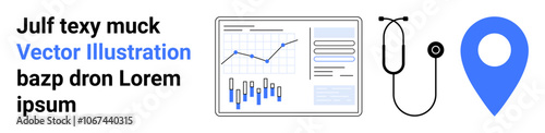 Business analytics dashboard with graphs, stethoscope, and blue location pin. Ideal for healthcare, data visualization, analytics, medical services, GPS, technology, marketing. Landing page