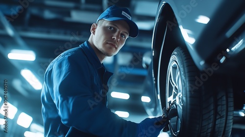 Car mechanic worker wearing a blue uniform and a cap

 photo