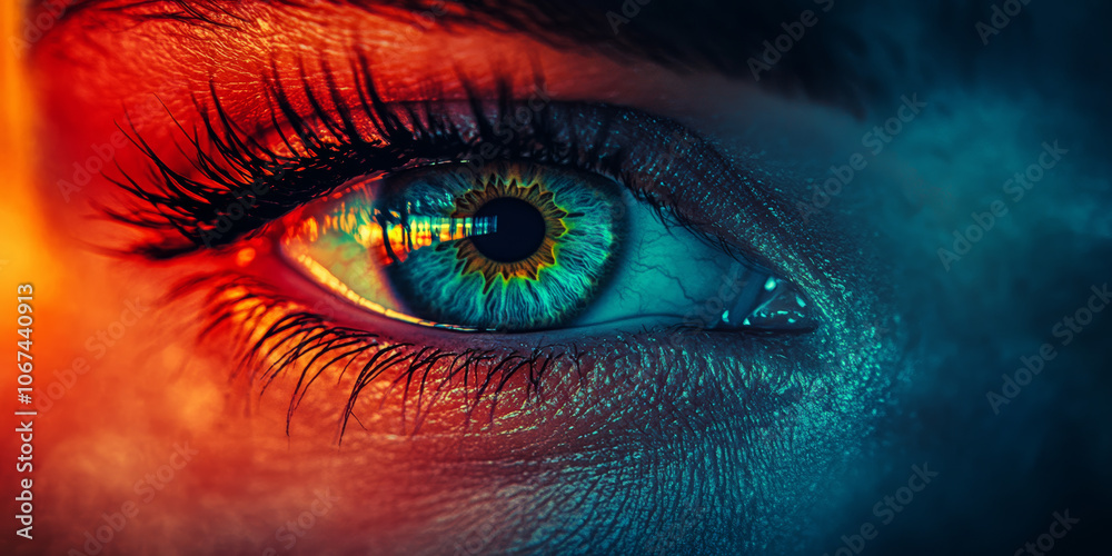 A close-up of a woman's eye with vibrant blue and green hues. A close-up of a woman's eye with vibrant blue and green hues.