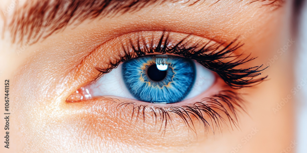Obraz premium Close-up of a woman's blue eye with long eyelashes.