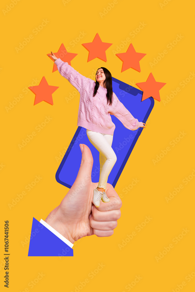 Vertical poster collage young cheerful woman rating five stars estimate best customer support thumb up like app smartphone Vertical poster collage young cheerful woman rating five stars estimate best customer support thumb up like app smartphone