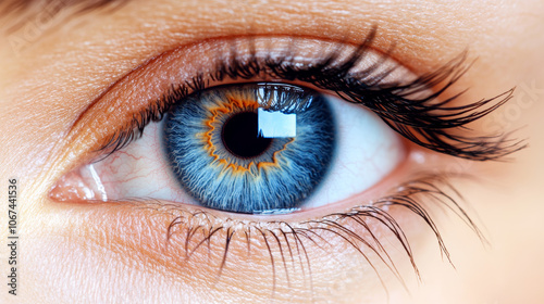 Close-up of a blue eye with long eyelashes.