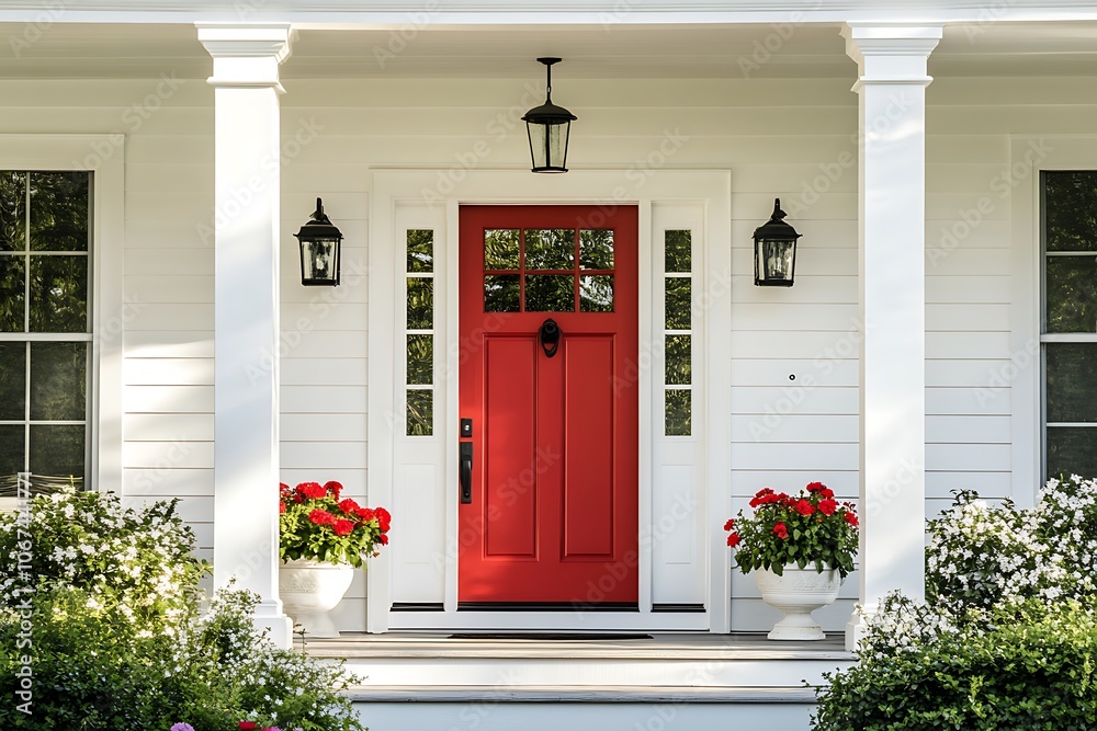 Grey wooden steps leading up to a bright red metal door. There's a mail slot in the door, black handle, two flower pots on the step, with black light fixtures and a grey exterior wall of a house.
Grey wooden steps leading up to a bright red metal door. There's a mail slot in the door, black handle, two flower pots on the step, with black light fixtures and a grey exterior wall of a house.