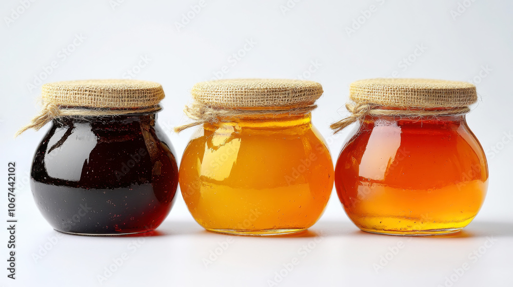 Close-up of glass jars filled with vibrant homemade jam for culinary and kitchen decor Close-up of glass jars filled with vibrant homemade jam for culinary and kitchen decor