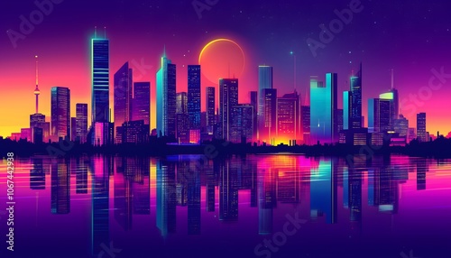 A retro neon colored synthwave city background