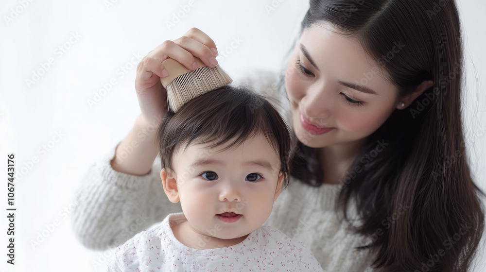 Mother gently combing toddler's hair with soft brush for gentle care Mother gently combing toddler's hair with soft brush for gentle care