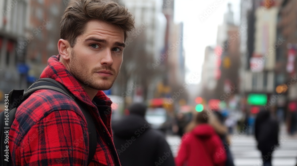 Young Man in City Street Wearing Red Flannel Shirt