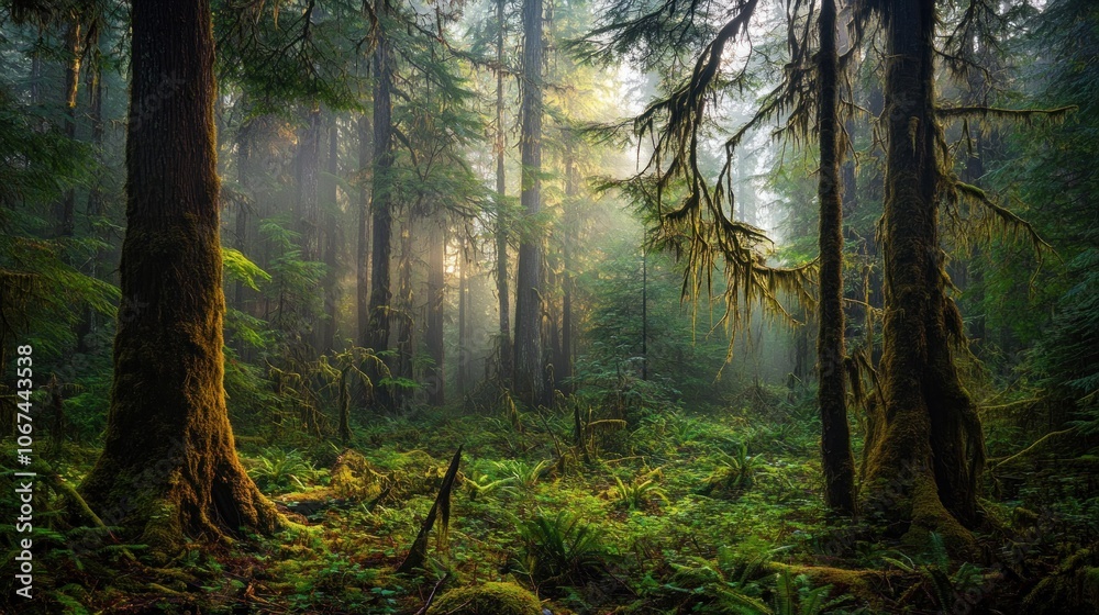 Obraz premium Sunlight streams through the misty trees of a lush, green forest.