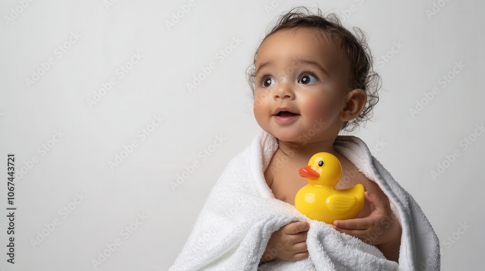 Curious baby wrapped in towel holding yellow rubber duck for bath time fun Curious baby wrapped in towel holding yellow rubber duck for bath time fun