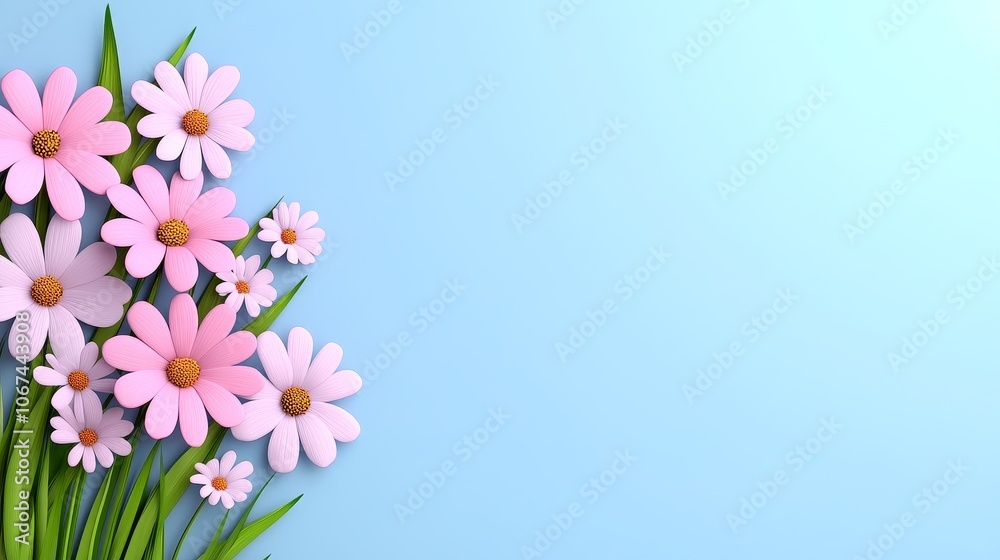 Pink Daisies and Green Grass on Light Blue Background Floral Illustration Pink Daisies and Green Grass on Light Blue Background Floral Illustration