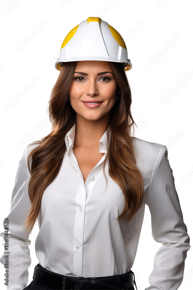Young female construction worker in orange uniform and hard hat, smiling confidently Young female construction worker in orange uniform and hard hat, smiling confidently