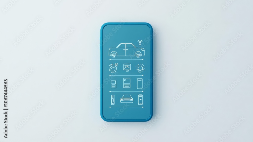 A smartphone with a blue case featuring icons related to vehicle management and smart technology applications. A smartphone with a blue case featuring icons related to vehicle management and smart technology applications.