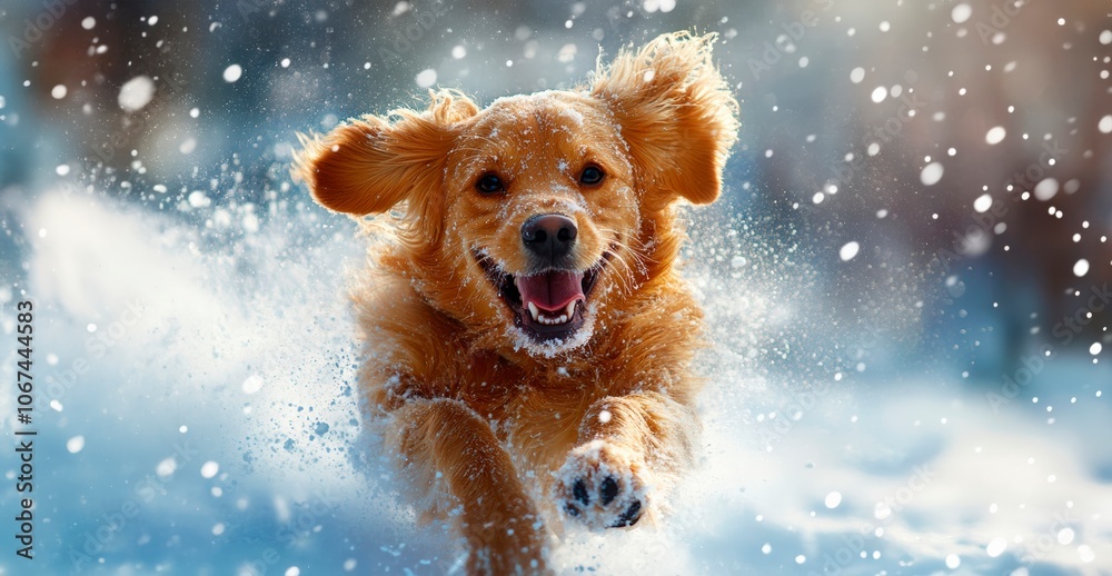 cheerful and happy dog playing in the snow, copy space, love winter time. funny dog on the snow background cheerful and happy dog playing in the snow, copy space, love winter time. funny dog on the snow background