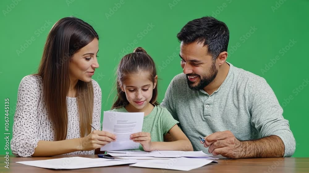 Family, comprising a mother, father, and daughter, are gathered around a table, engrossed in reading papers against a vibrant green screen background Family, comprising a mother, father, and daughter, are gathered around a table, engrossed in reading papers against a vibrant green screen background