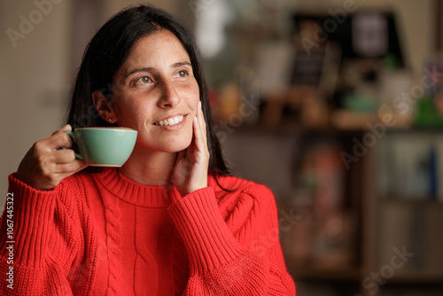 Cup of coffee, hands and woman with a cappuccino, caffeine to start the day with energy.Customer, hospitality and milk with foam and cinnamon. Barista breakfast for breakfast or snack in store or cafe