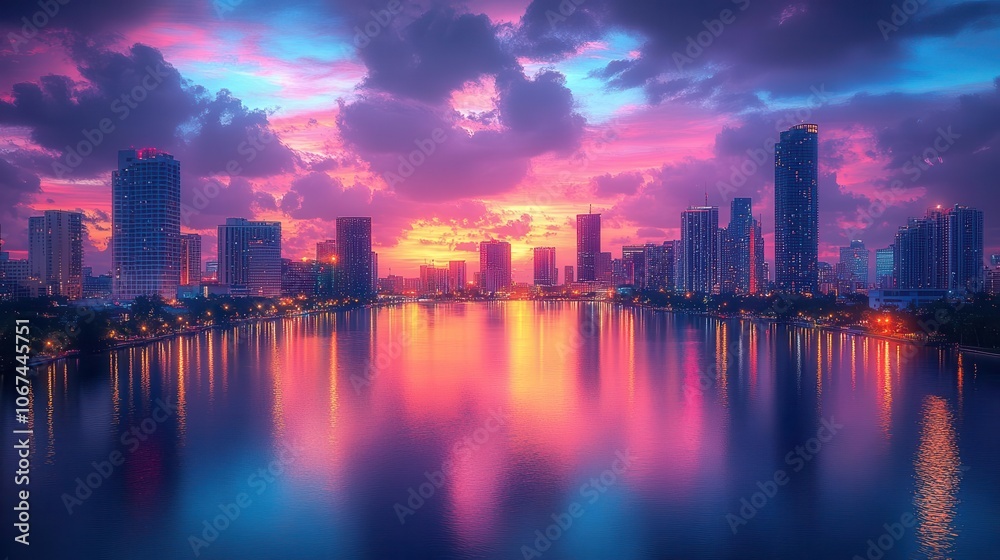 Fototapeta premium vibrant cityscape at dusk capturing illuminated skyscrapers against a twilight sky reflecting urban life and energy inviting a sense of wonder and exploration