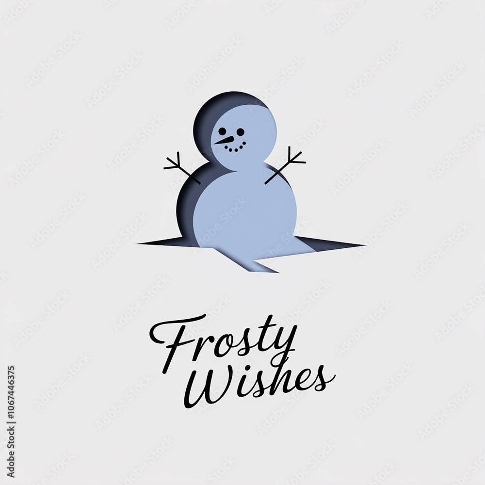 Obraz premium Minimalist 3D paper cut Christmas design showcasing a classic snowman silhouette and shadow with elegant 'Frosty Wishes' text for seasonal greeting cards.