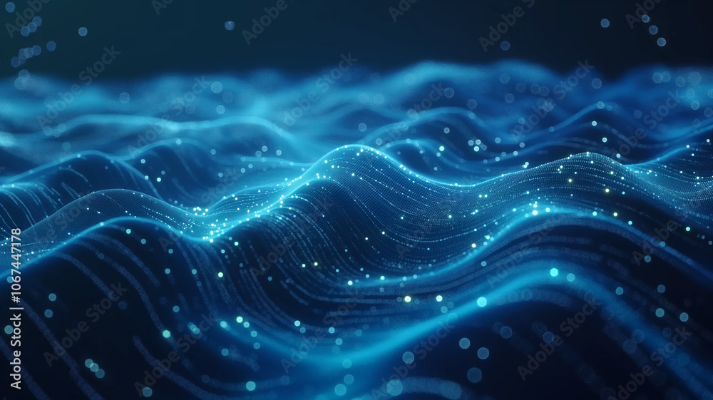 Waves of round small particles flowing smoothly in abstract design. Abstract blue wavy technology network with glowing dots. Modern background for banners, posters and social media. Selective focus Waves of round small particles flowing smoothly in abstract design. Abstract blue wavy technology network with glowing dots. Modern background for banners, posters and social media. Selective focus