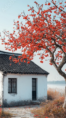 Autumn Landscape with Persimmon Tree and White House photo