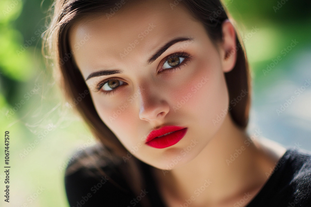 Young woman with striking red lips in natural lighting Young woman with striking red lips in natural lighting