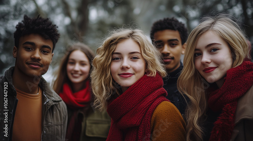 Group of Friends Walking on Winter Forest Trail