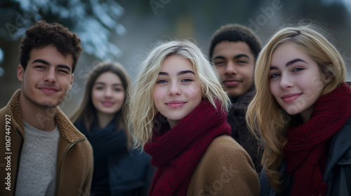 Group of Friends Walking on Winter Forest Trail